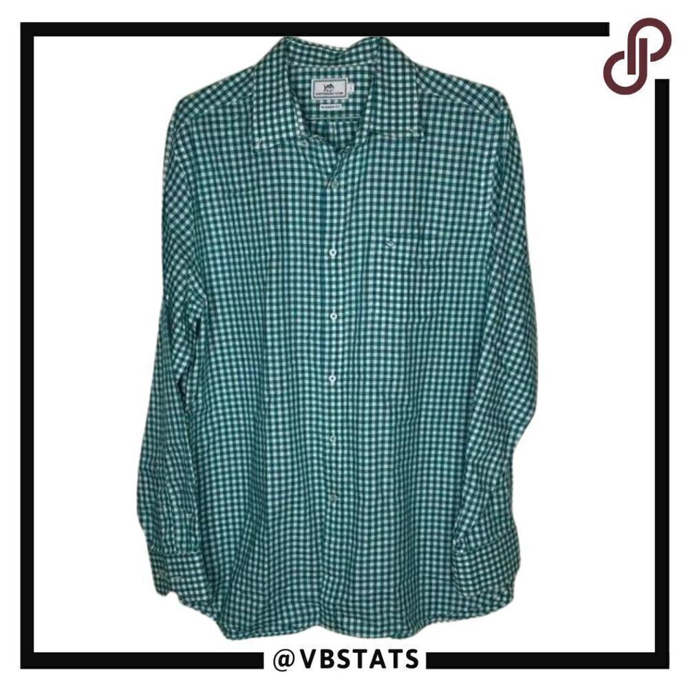Southern Tide Teal and White Gingham Plaid Long Sleeve Button Down Shirt Large